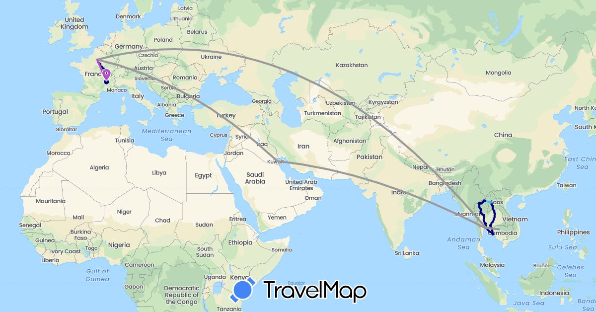 TravelMap itinerary: driving, plane, train, boat in France, Cambodia, Kuwait, Laos, Thailand (Asia, Europe)