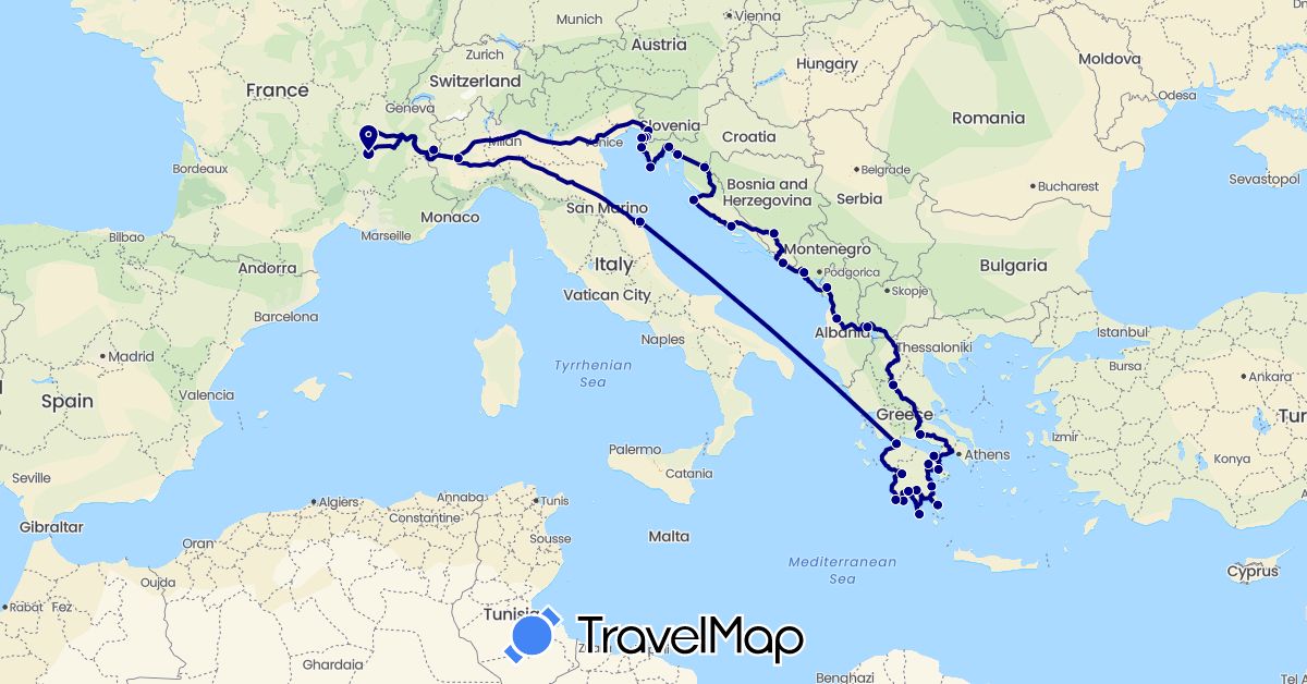 TravelMap itinerary: driving in Albania, Bosnia and Herzegovina, France, Greece, Croatia, Italy, Montenegro, Macedonia, Slovenia (Europe)