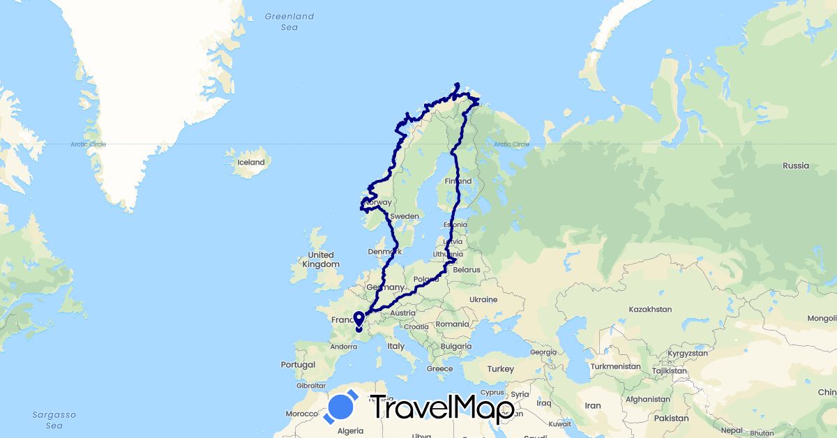 TravelMap itinerary: driving in Czech Republic, Germany, Denmark, Estonia, Finland, France, Lithuania, Latvia, Norway, Poland, Sweden (Europe)